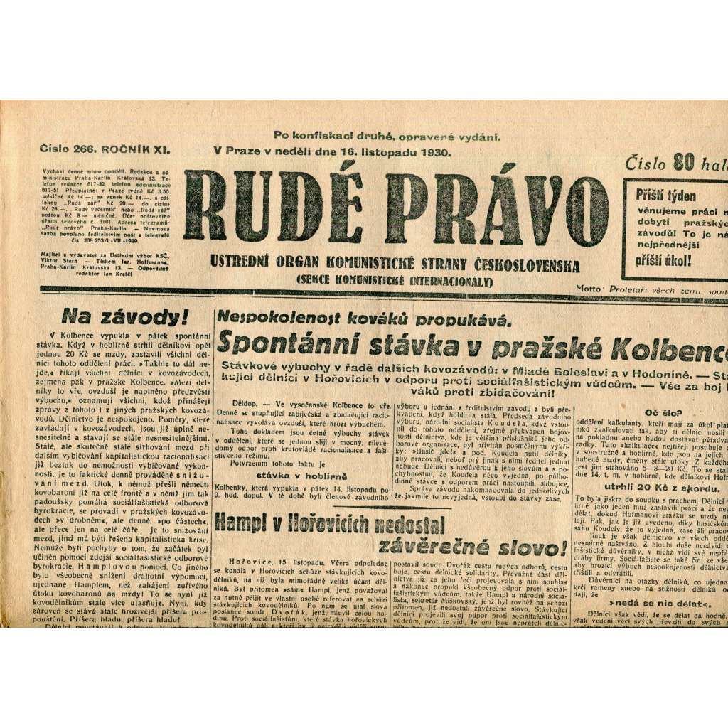 Rudé právo, ročník XI., číslo 266/1930 (1. republika, staré noviny) - 16.11.1930