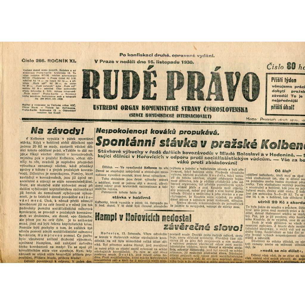 Rudé právo, ročník XI., číslo 266/1930 (1. republika, staré noviny) - 16.11.1930