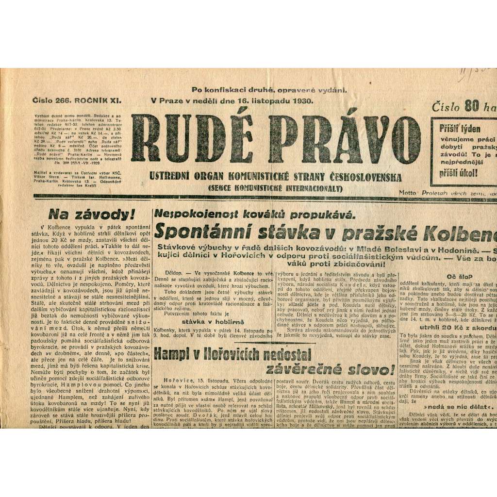 Rudé právo, ročník XI., číslo 266/1930 (1. republika, staré noviny) - 16.11.1930