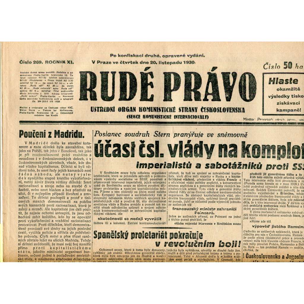 Rudé právo, ročník XI., číslo 269/1930 (1. republika, staré noviny) - 20.11.1930