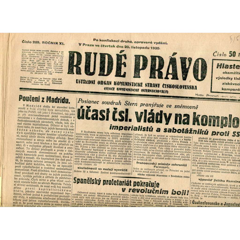 Rudé právo, ročník XI., číslo 269/1930 (1. republika, staré noviny) - 20.11.1930