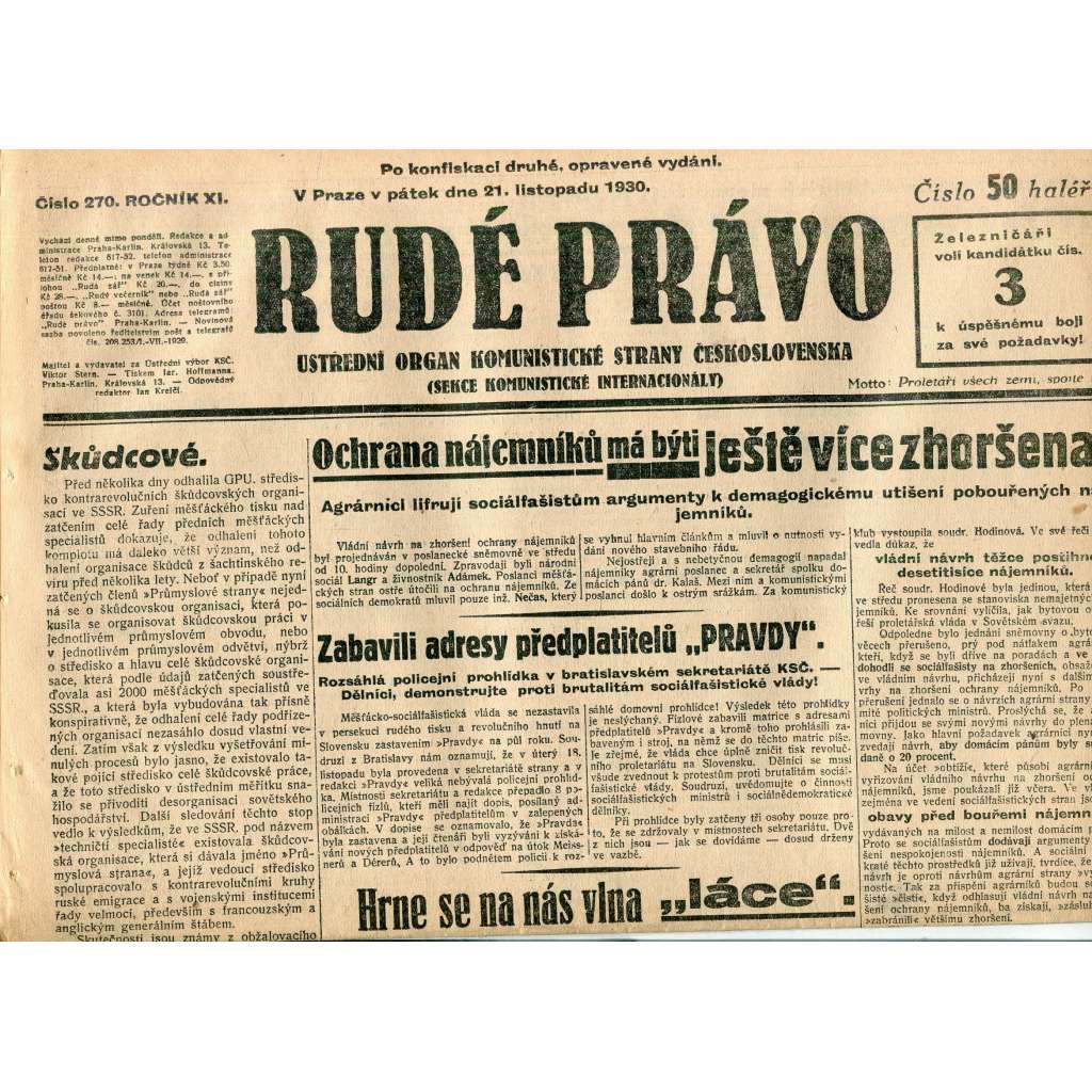 Rudé právo, ročník XI., číslo 270/1930 (1. republika, staré noviny) - 21.11.1930