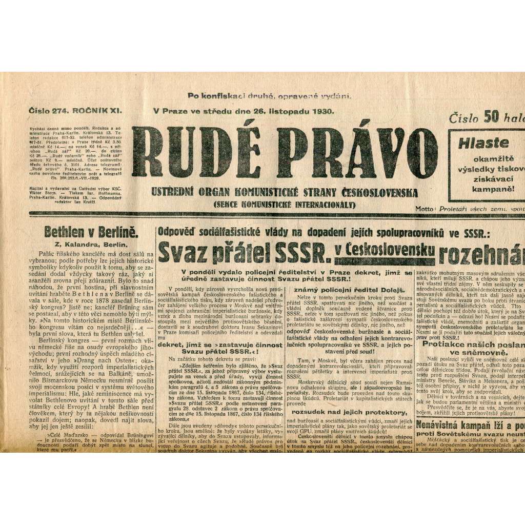 Rudé právo, ročník XI., číslo 274/1930 (1. republika, staré noviny) - 26.11.1930