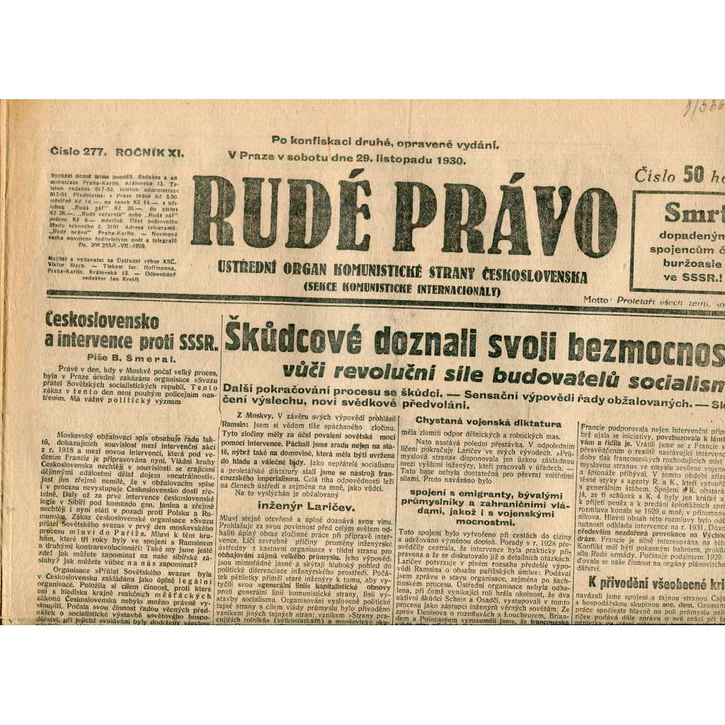 Rudé právo, ročník XI., číslo 277/1930 (1. republika, staré noviny) - 29.11.1930