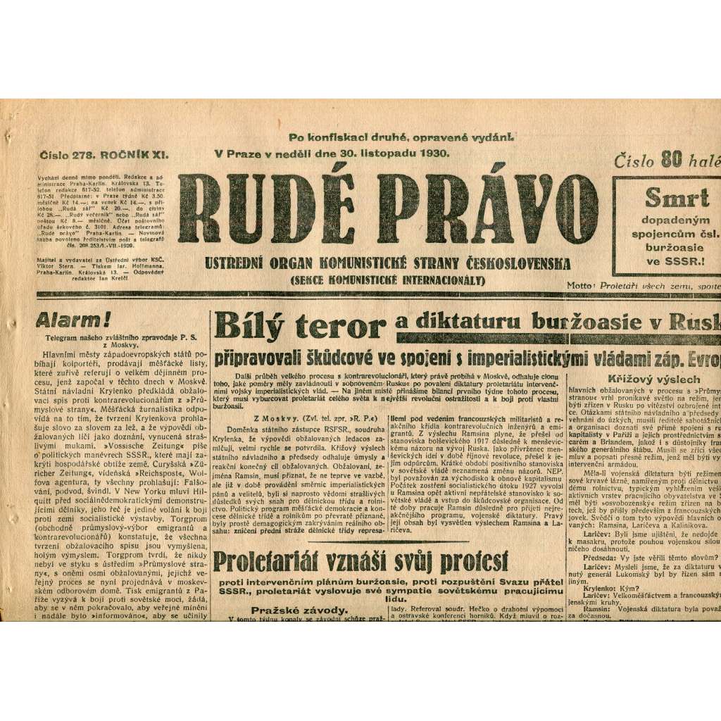 Rudé právo, ročník XI., číslo 278/1930 (1. republika, staré noviny) - 30.11.1930