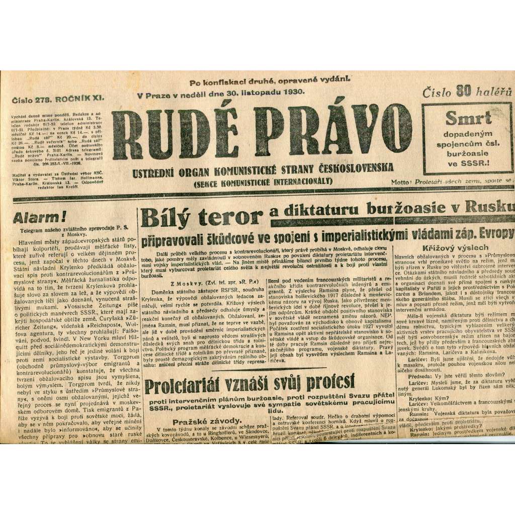 Rudé právo, ročník XI., číslo 278/1930 (1. republika, staré noviny) - 30.11.1930