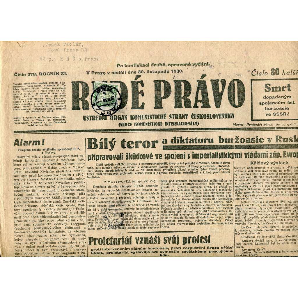 Rudé právo, ročník XI., číslo 278/1930 (1. republika, staré noviny) - 30.11.1930