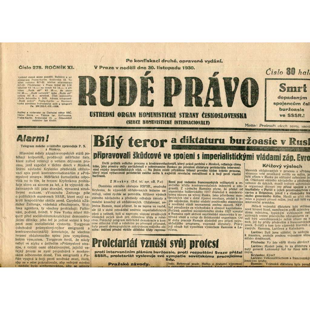 Rudé právo, ročník XI., číslo 278/1930 (1. republika, staré noviny) - 30.11.1930