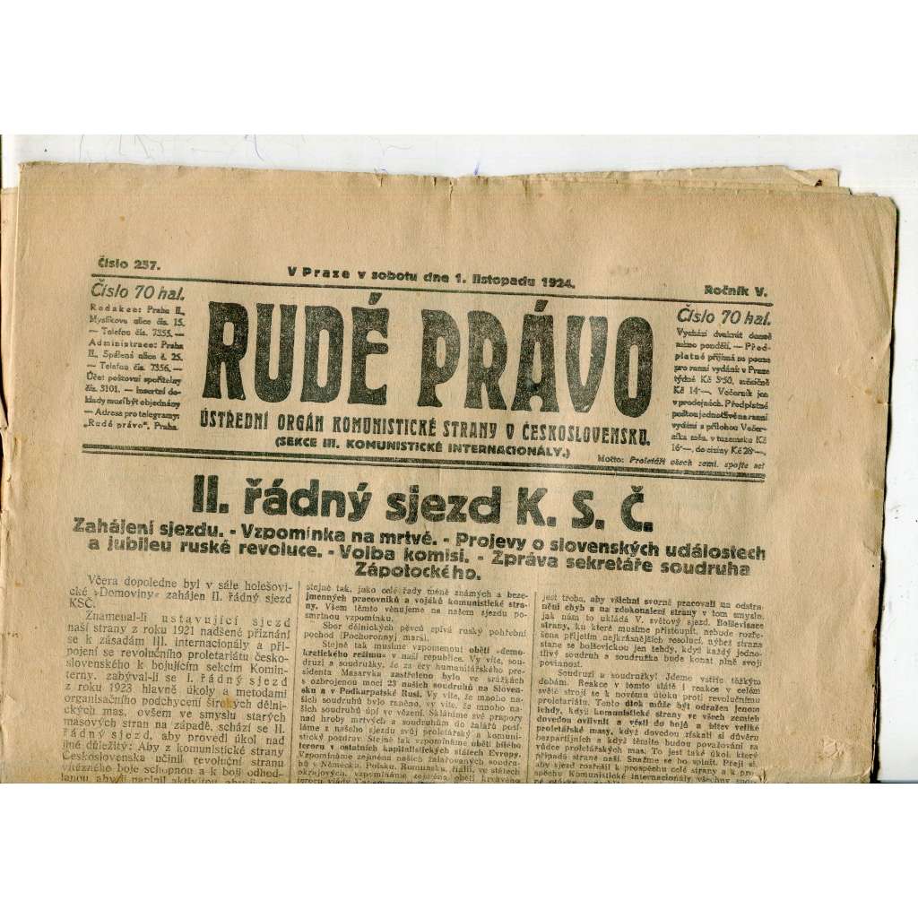 Rudé právo, ročník V., číslo 257/1924 (1. republika, staré noviny) - 1.11.1924