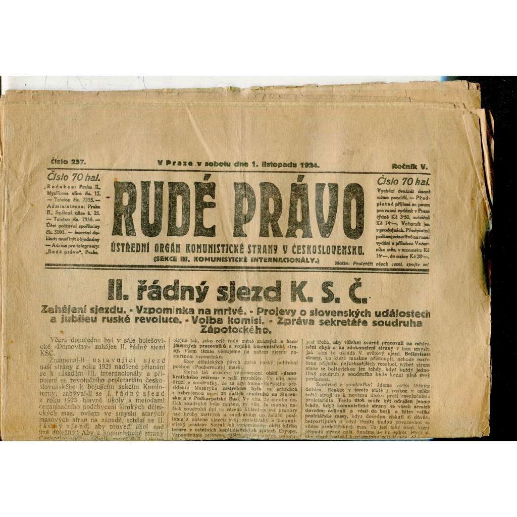 Rudé právo, ročník V., číslo 257/1924 (1. republika, staré noviny) - 1.11.1924