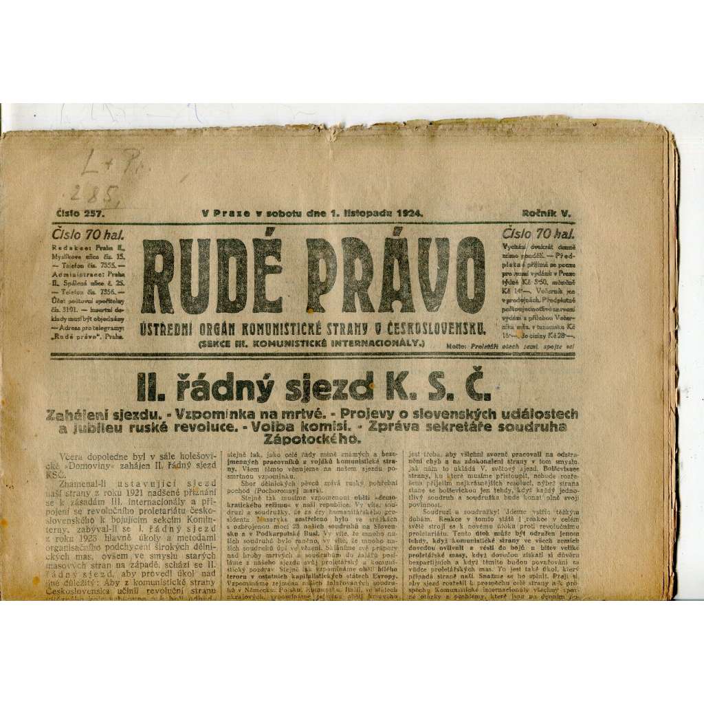 Rudé právo, ročník V., číslo 257/1924 (1. republika, staré noviny) - 1.11.1924