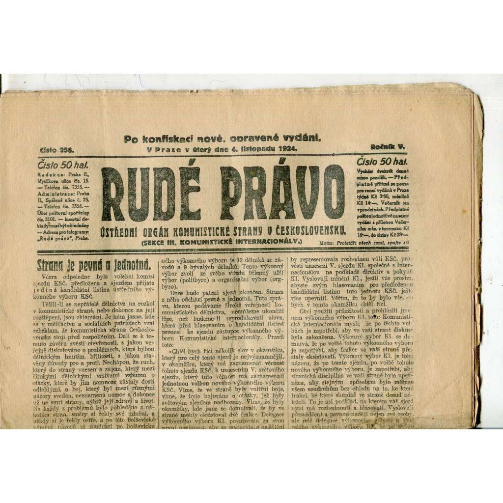 Rudé právo, ročník V., číslo 258/1924 (1. republika, staré noviny) - 4.11.1924