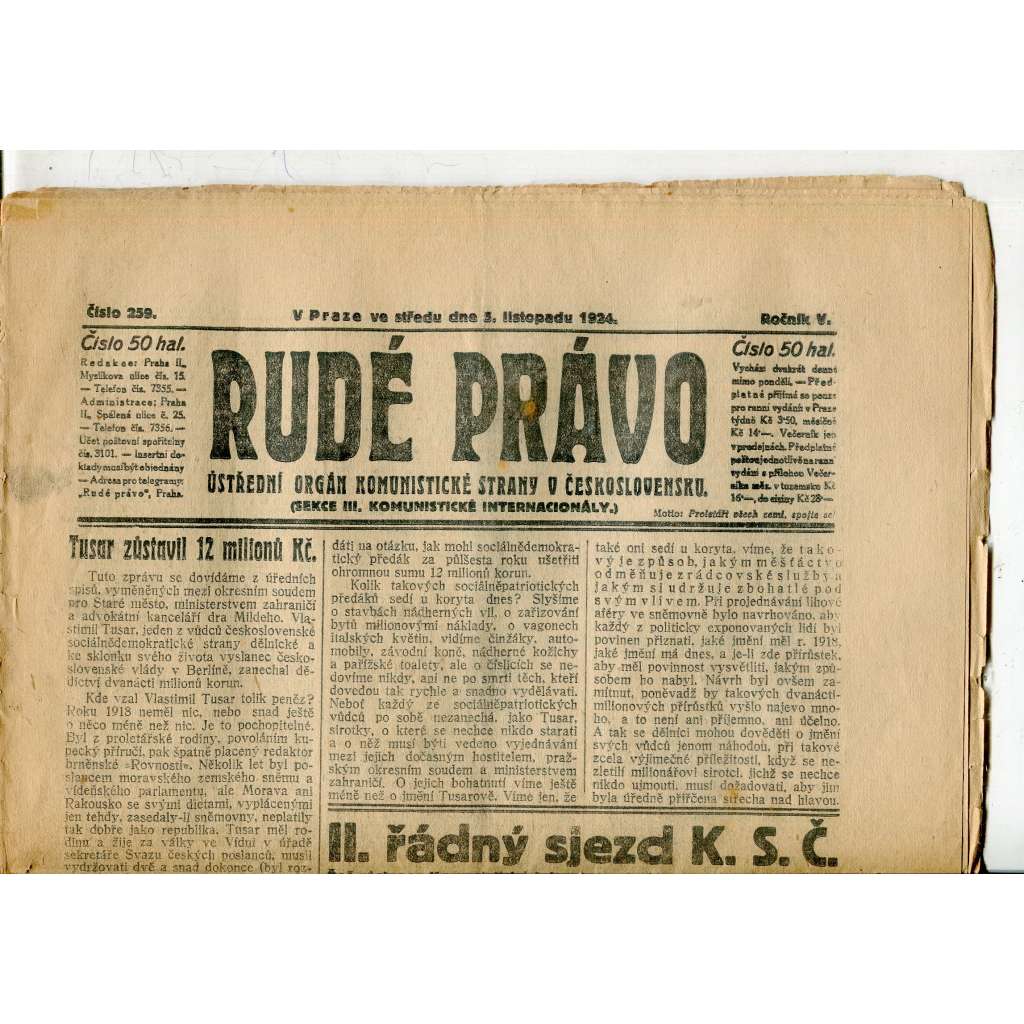 Rudé právo, ročník V., číslo 259/1924 (1. republika, staré noviny) - 5.11.1924