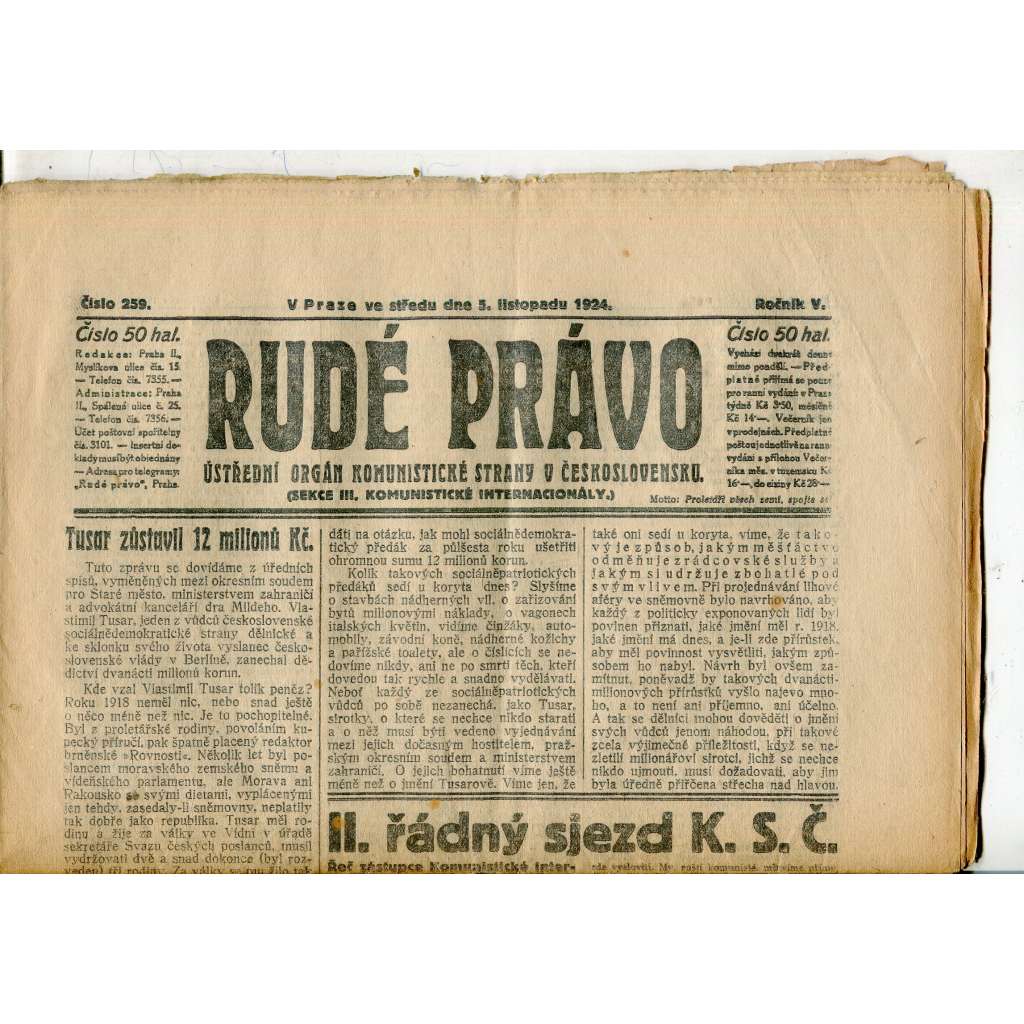 Rudé právo, ročník V., číslo 259/1924 (1. republika, staré noviny) - 5.11.1924