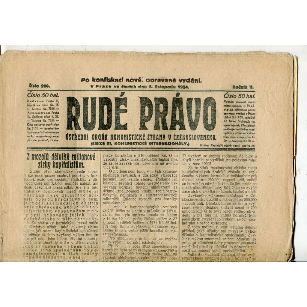 Rudé právo, ročník V., číslo 260/1924 (1. republika, staré noviny) - 6.11.1924