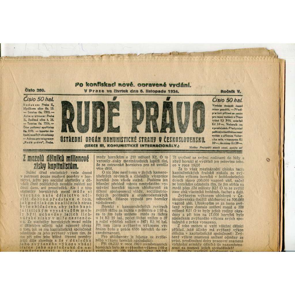 Rudé právo, ročník V., číslo 260/1924 (1. republika, staré noviny) - 6.11.1924