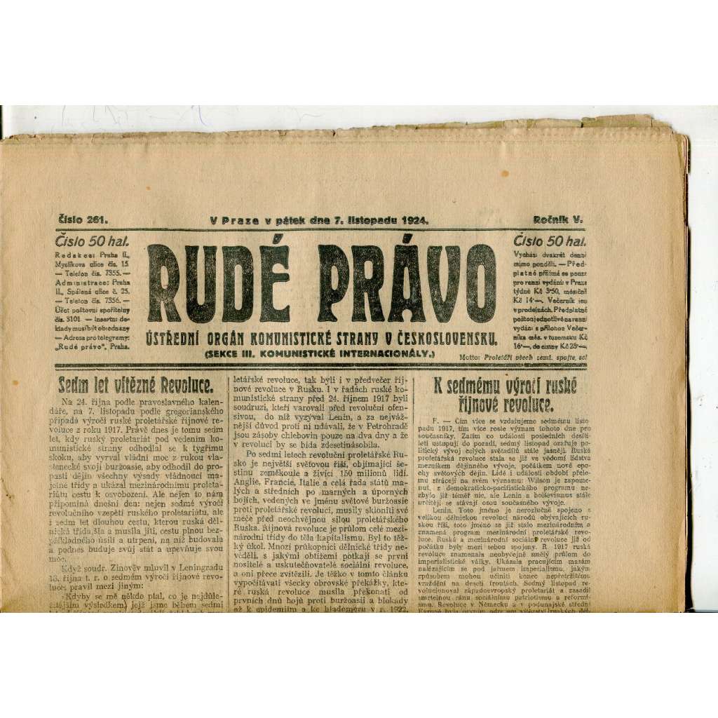 Rudé právo, ročník V., číslo 261/1924 (1. republika, staré noviny) - 7.11.1924