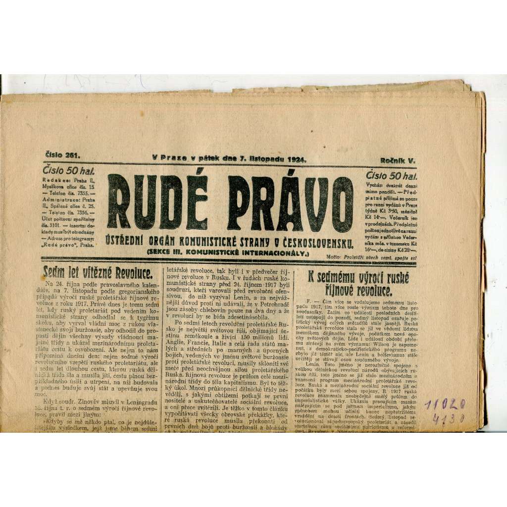 Rudé právo, ročník V., číslo 261/1924 (1. republika, staré noviny) - 7.11.1924