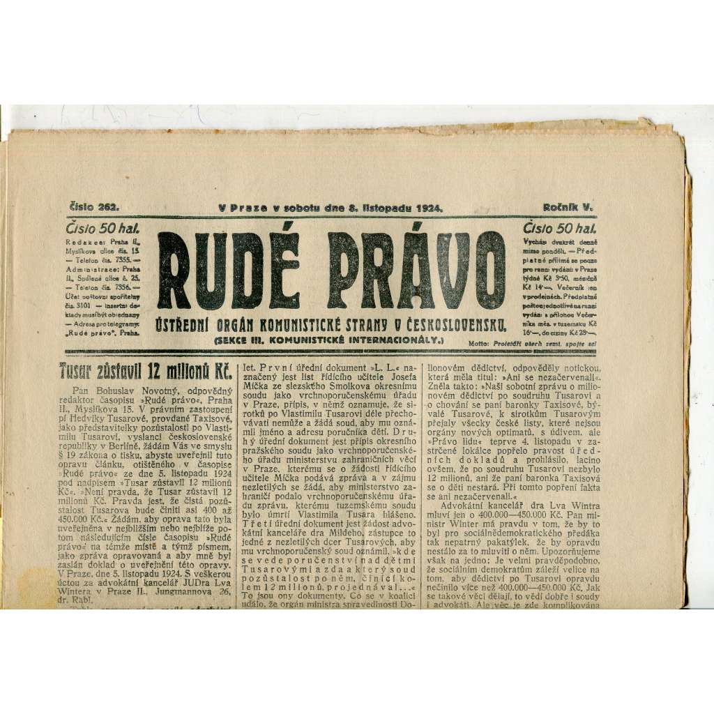 Rudé právo, ročník V., číslo 262/1924 (1. republika, staré noviny) - 8.11.1924