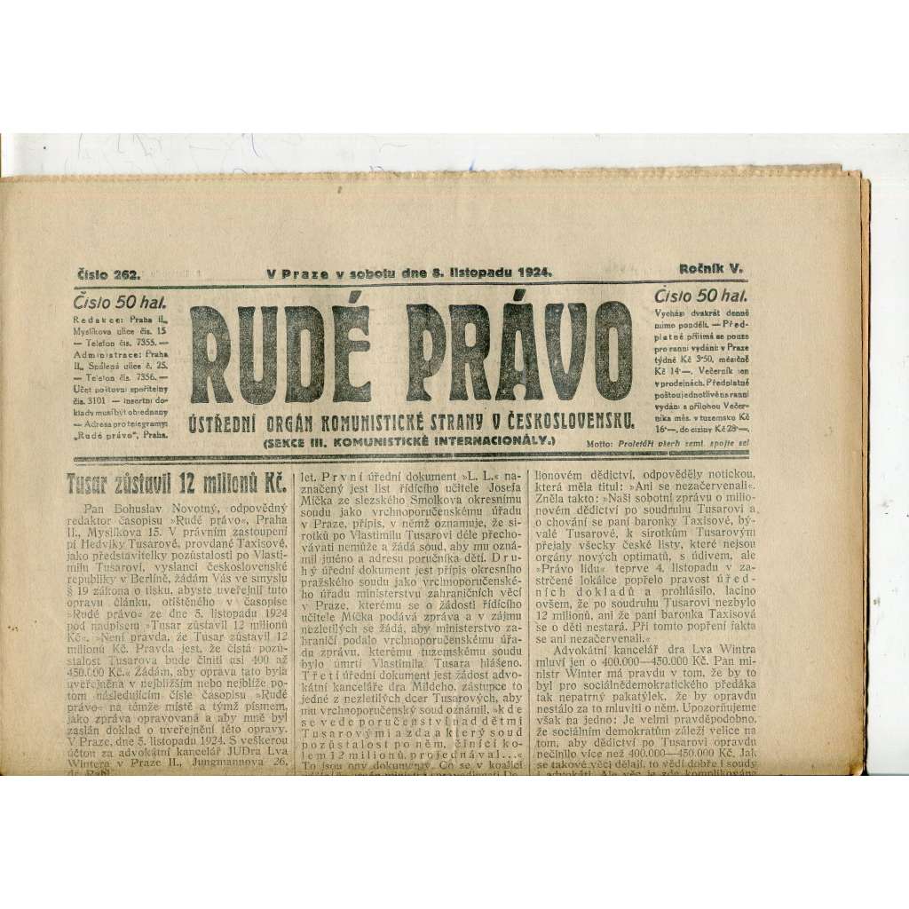 Rudé právo, ročník V., číslo 262/1924 (1. republika, staré noviny) - 8.11.1924