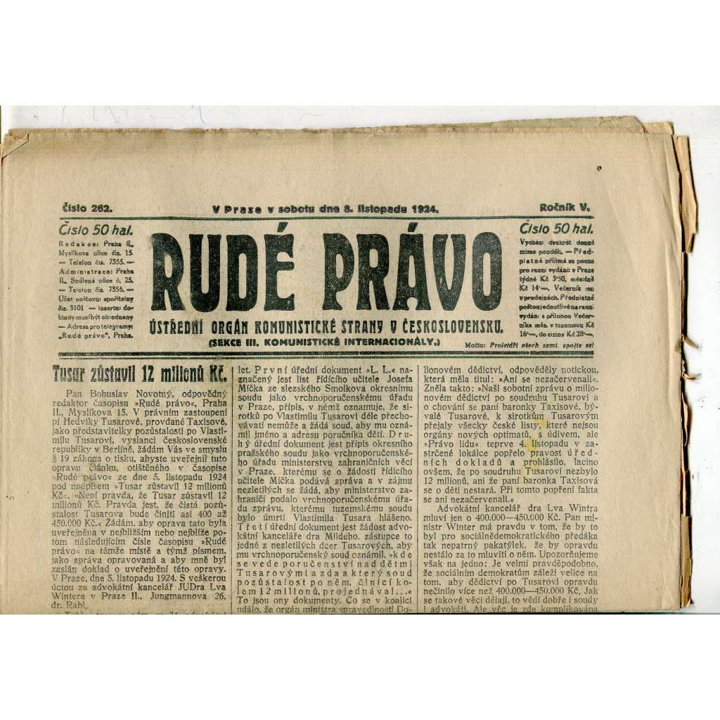 Rudé právo, ročník V., číslo 262/1924 (1. republika, staré noviny) - 8.11.1924