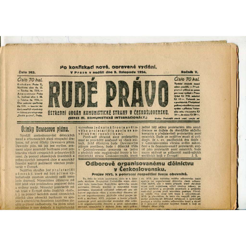 Rudé právo, ročník V., číslo 263/1924 (1. republika, staré noviny) - 9.11.1924