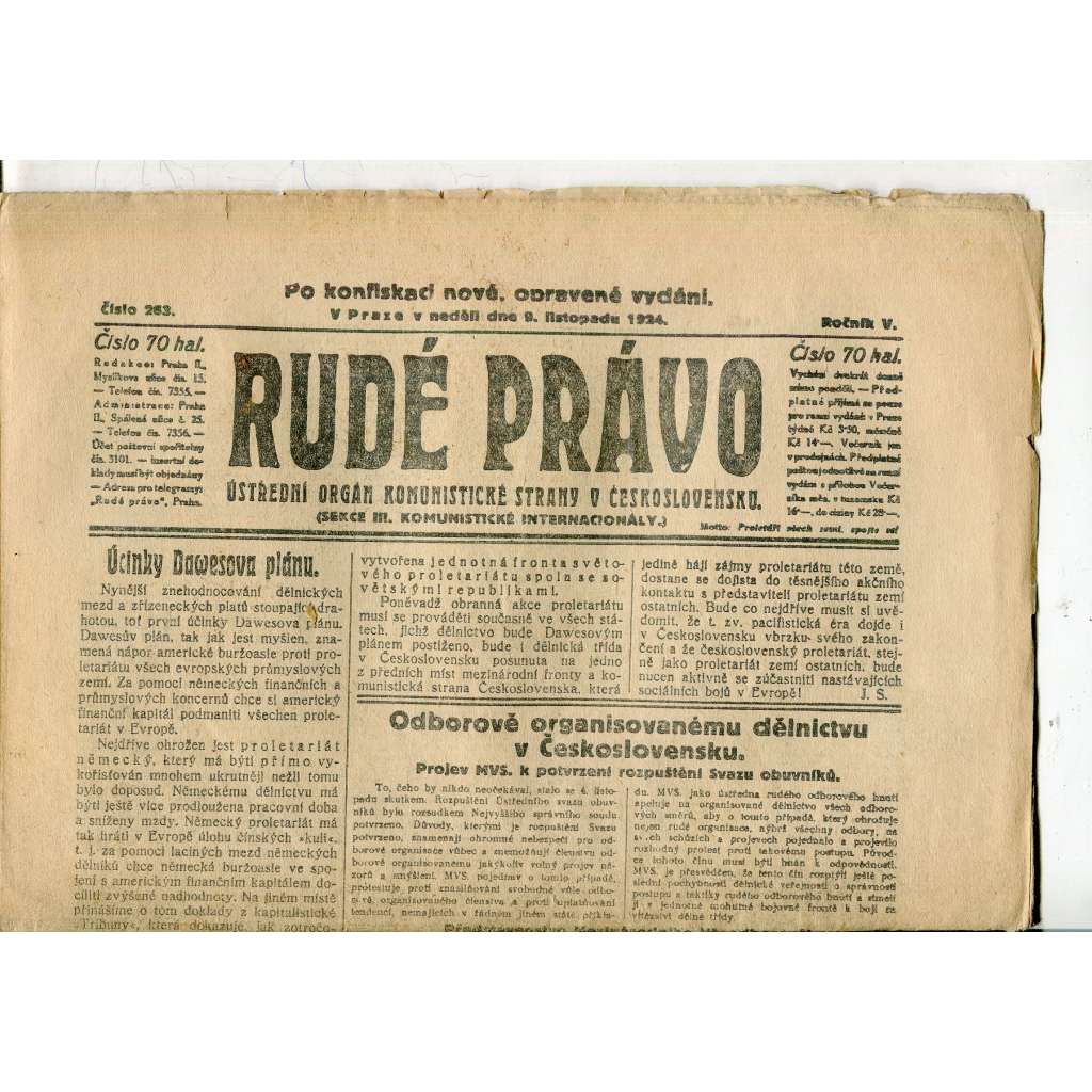 Rudé právo, ročník V., číslo 263/1924 (1. republika, staré noviny) - 9.11.1924