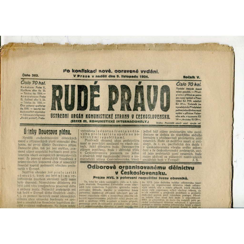 Rudé právo, ročník V., číslo 263/1924 (1. republika, staré noviny) - 9.11.1924