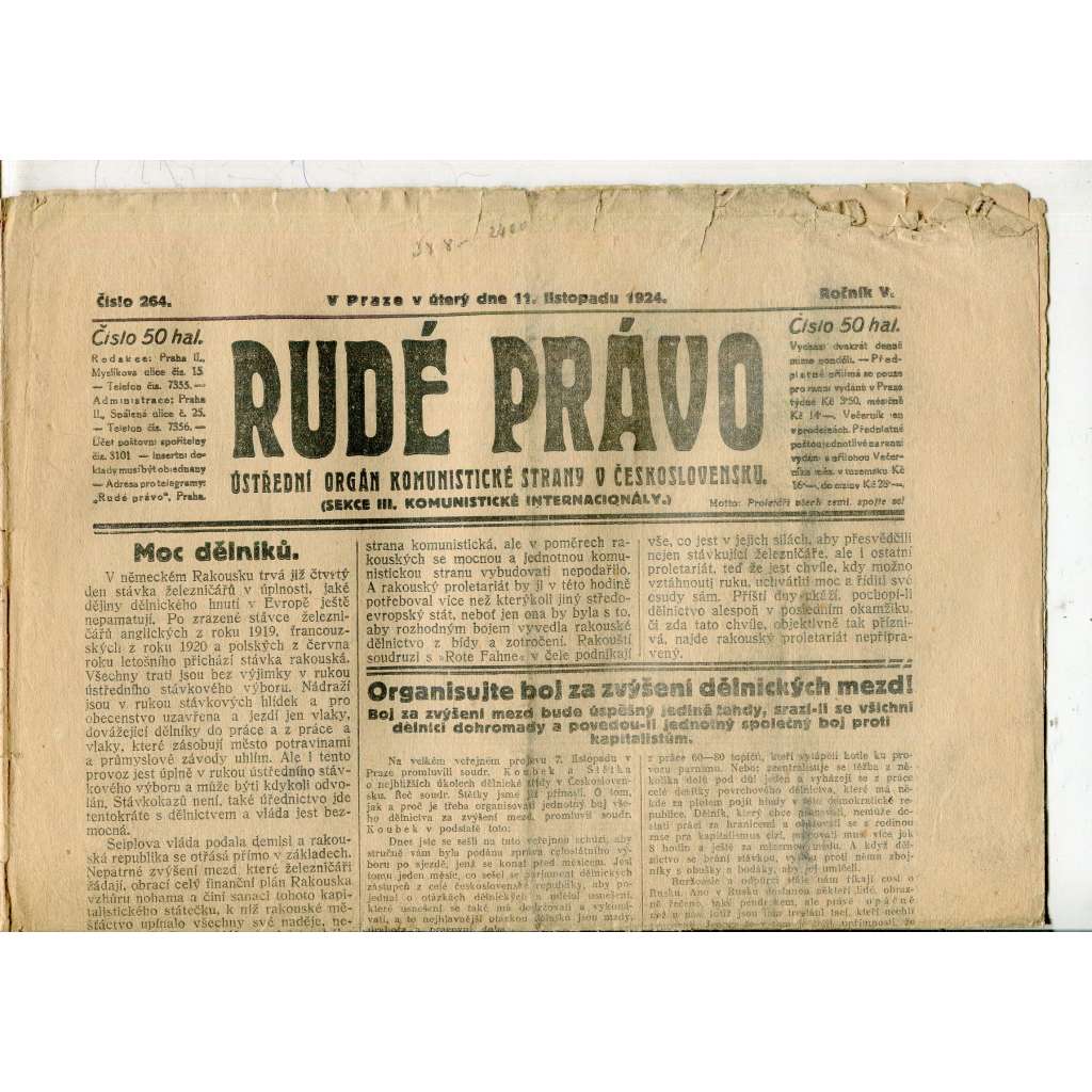 Rudé právo, ročník V., číslo 264/1924 (1. republika, staré noviny) - 11.11.1924