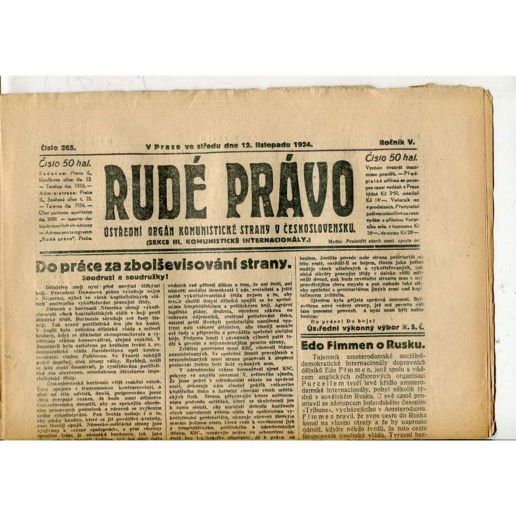 Rudé právo, ročník V., číslo 265/1924 (1. republika, staré noviny) - 12.11.1924 Rudé právo, ročník V., číslo 265/1924 (1. republika, staré noviny) - 12.11.1924