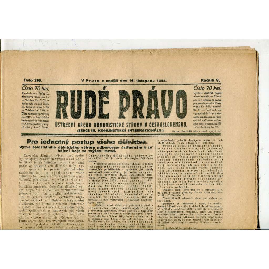Rudé právo, ročník V., číslo 269/1924 (1. republika, staré noviny) - 16.11.1924 Rudé právo, ročník V., číslo 269/1924 (1. republika, staré noviny) - 16.11.1924