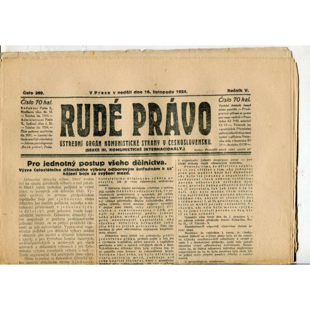Rudé právo, ročník V., číslo 269/1924 (1. republika, staré noviny) - 16.11.1924 Rudé právo, ročník V., číslo 269/1924 (1. republika, staré noviny) - 16.11.1924
