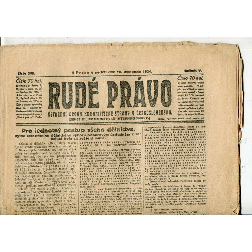 Rudé právo, ročník V., číslo 269/1924 (1. republika, staré noviny) - 16.11.1924 Rudé právo, ročník V., číslo 269/1924 (1. republika, staré noviny) - 16.11.1924