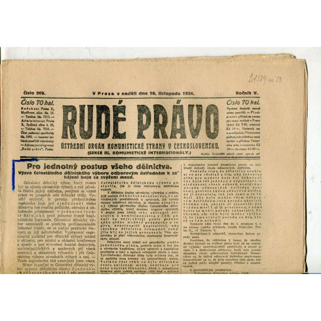 Rudé právo, ročník V., číslo 269/1924 (1. republika, staré noviny) - 16.11.1924 Rudé právo, ročník V., číslo 269/1924 (1. republika, staré noviny) - 16.11.1924