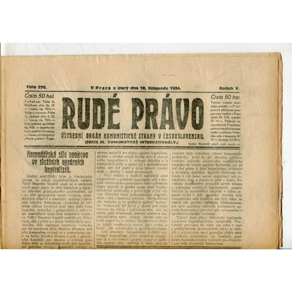 Rudé právo, ročník V., číslo 270/1924 (1. republika, staré noviny) - 18.11.1924 Rudé právo, ročník V., číslo 270/1924 (1. republika, staré noviny) - 18.11.1924
