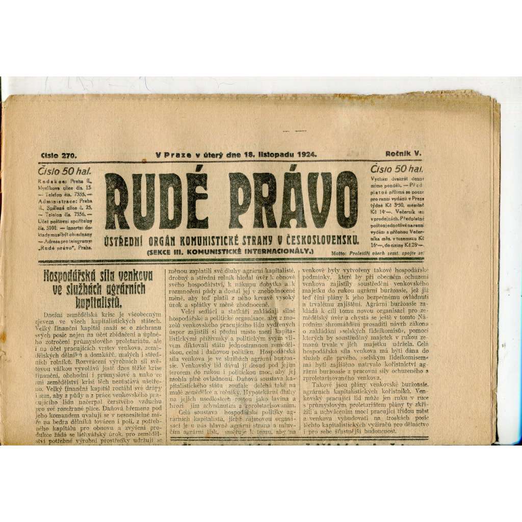 Rudé právo, ročník V., číslo 270/1924 (1. republika, staré noviny) - 18.11.1924 Rudé právo, ročník V., číslo 270/1924 (1. republika, staré noviny) - 18.11.1924