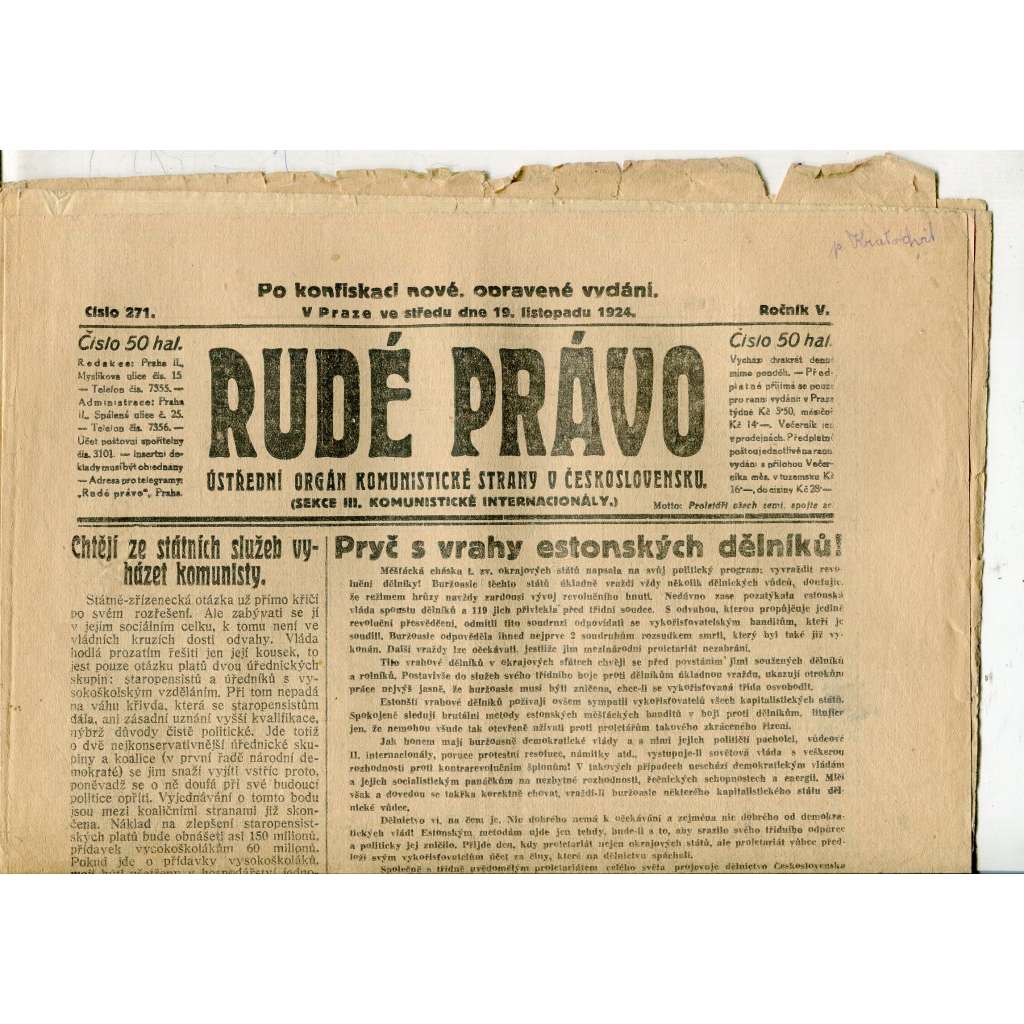 Rudé právo, ročník V., číslo 271/1924 (1. republika, staré noviny) - 19.11.1924 Rudé právo, ročník V., číslo 271/1924 (1. republika, staré noviny) - 19.11.1924