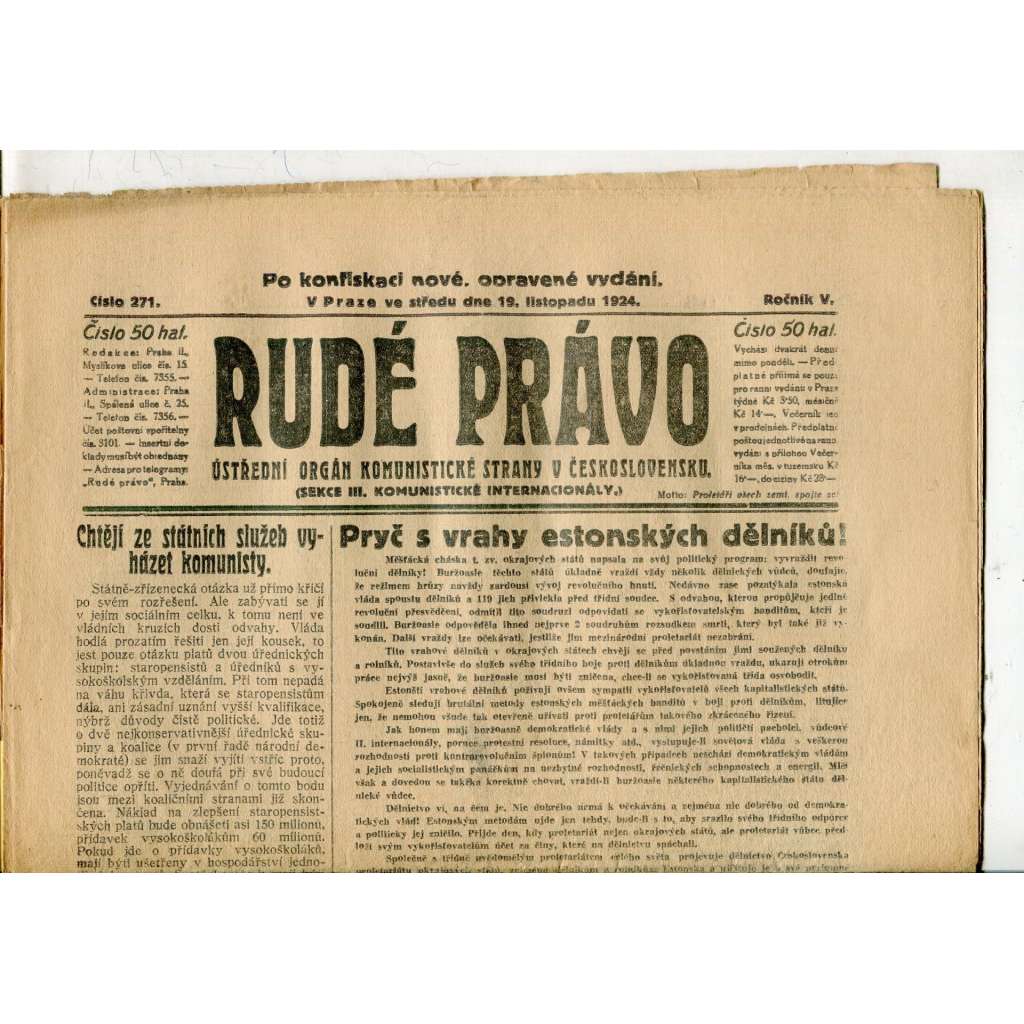 Rudé právo, ročník V., číslo 271/1924 (1. republika, staré noviny) - 19.11.1924 Rudé právo, ročník V., číslo 271/1924 (1. republika, staré noviny) - 19.11.1924