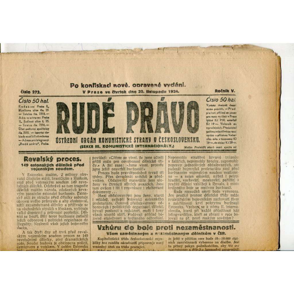 Rudé právo, ročník V., číslo 272/1924 (1. republika, staré noviny) - 20.11.1924 Rudé právo, ročník V., číslo 272/1924 (1. republika, staré noviny) - 20.11.1924