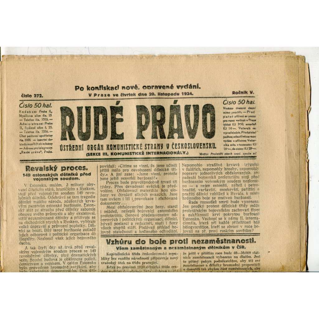 Rudé právo, ročník V., číslo 272/1924 (1. republika, staré noviny) - 20.11.1924 Rudé právo, ročník V., číslo 272/1924 (1. republika, staré noviny) - 20.11.1924