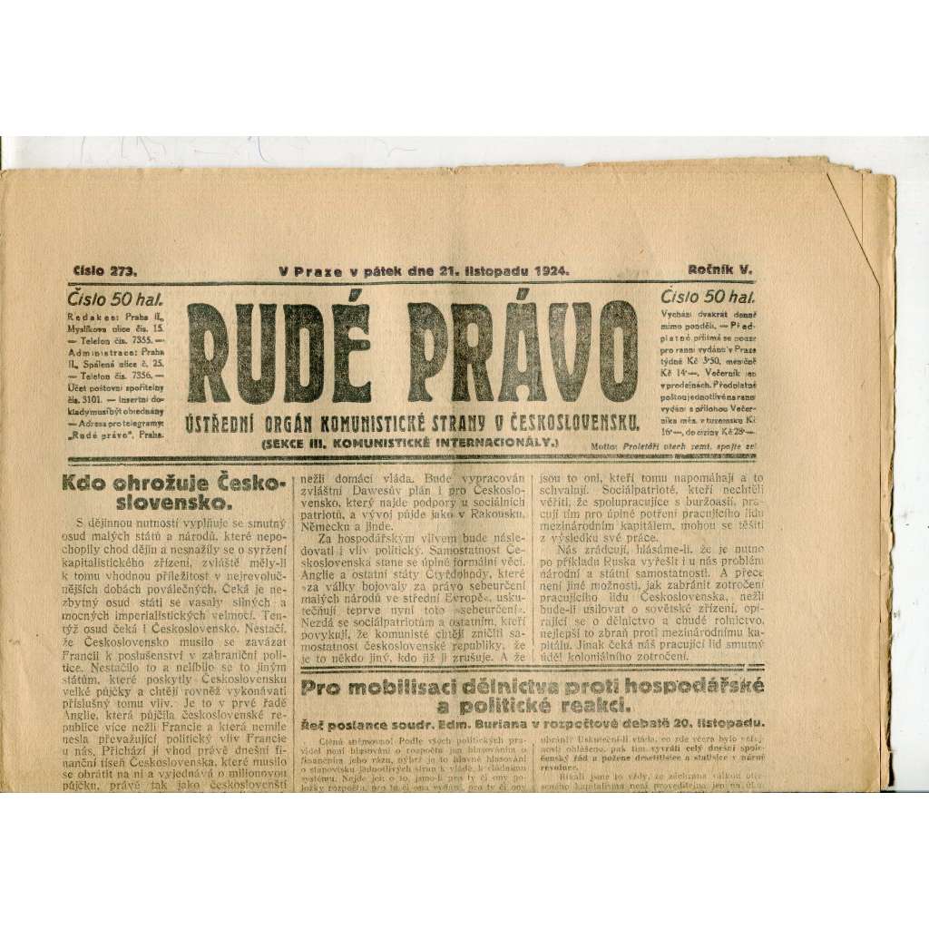 Rudé právo, ročník V., číslo 273/1924 (1. republika, staré noviny) - 21.11.1924 Rudé právo, ročník V., číslo 273/1924 (1. republika, staré noviny) - 21.11.1924