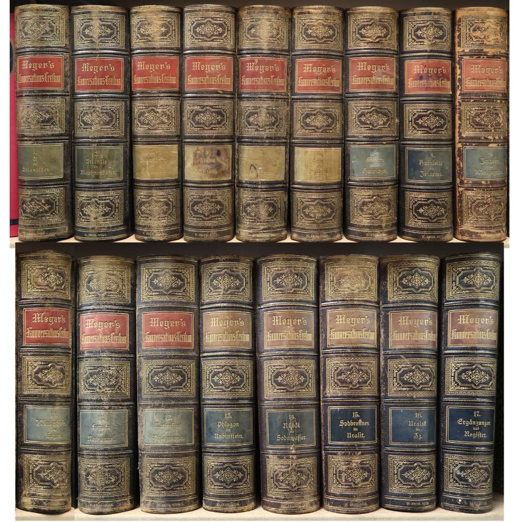 LEXIKON MEYERS -KOMPLET 17 SVAZKŮ- VAZBY KŮŽE - Konversations-Lexikon Encyklopedie