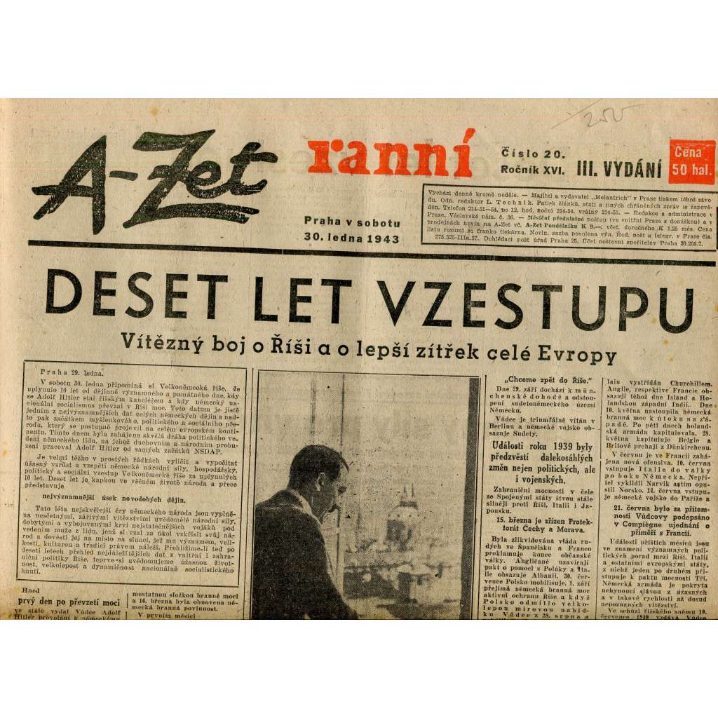 A-Zet ranní, ročník XVI., číslo 20/1943 (staré noviny)