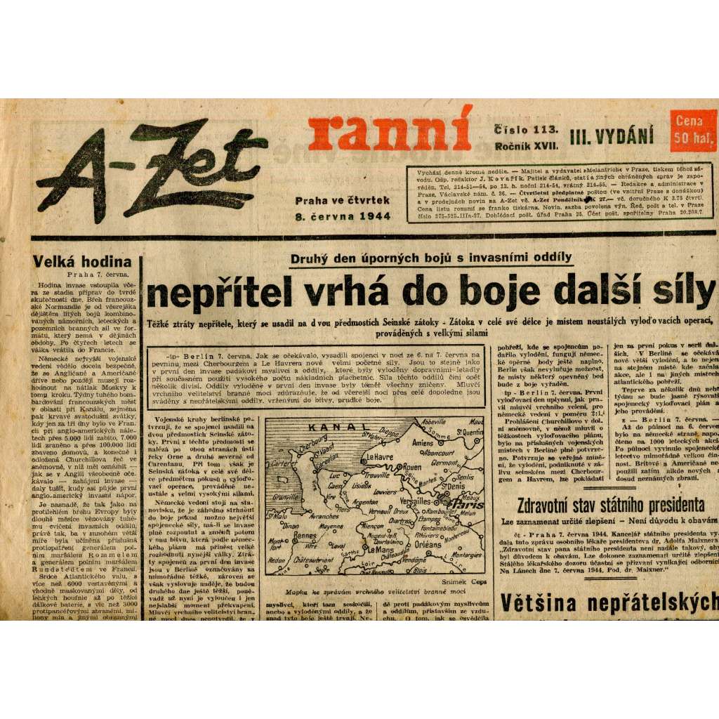 A-Zet ranní, ročník XVII., číslo 113/1944 (staré noviny)