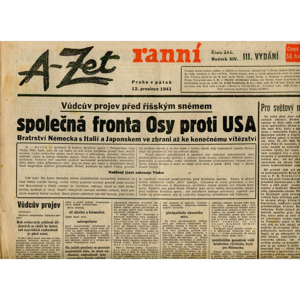A-Zet ranní, ročník XIV., číslo 241/1941 (staré noviny)
