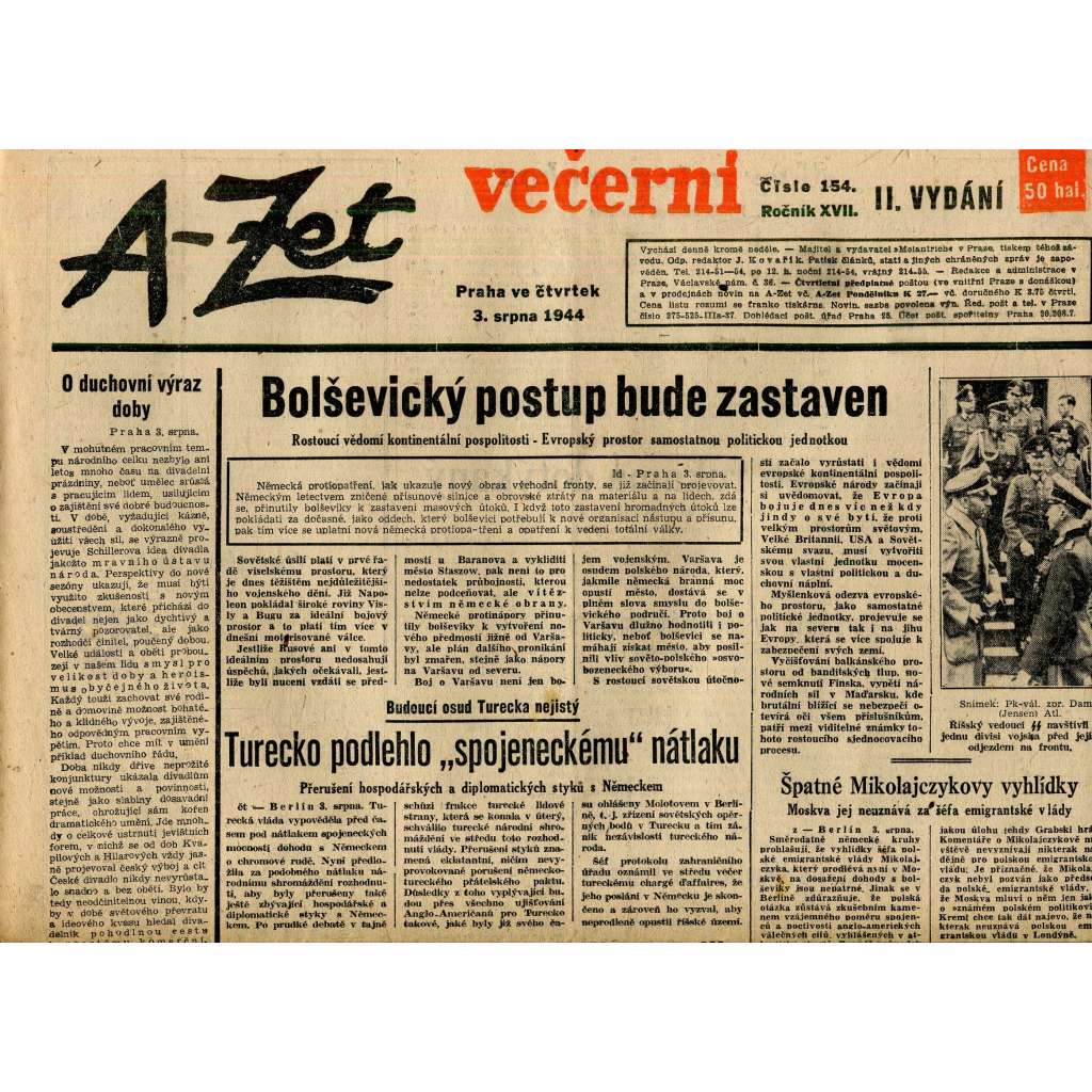 A-Zet večerní, ročník XVII., číslo 154/1944 (staré noviny)