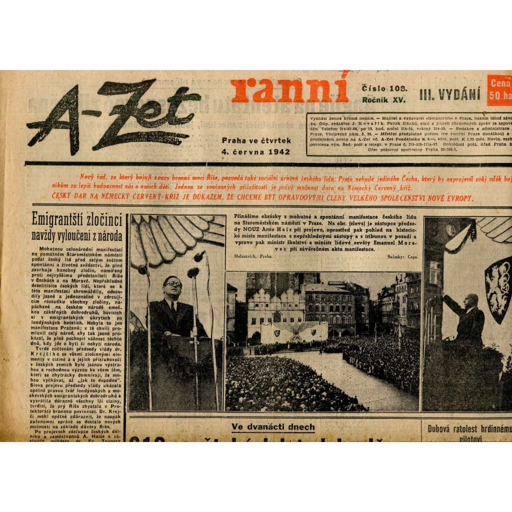 A-Zet ranní, ročník XV., číslo 108/1942 (staré noviny)