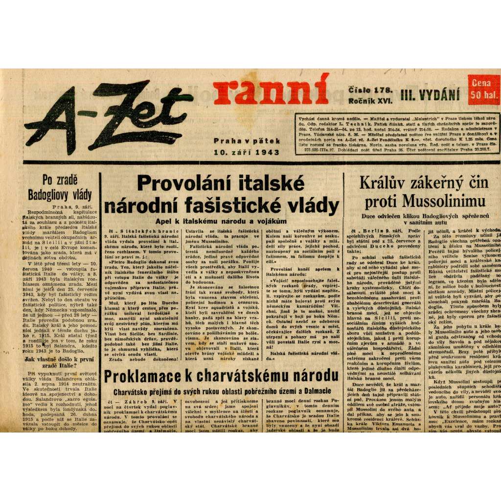 A-Zet ranní, ročník XVI., číslo 178/1943 (staré noviny)