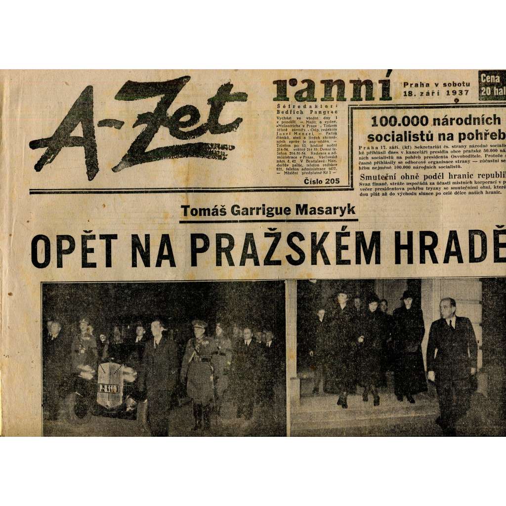 A-Zet ranní, číslo 205/1937 (staré noviny) - T. G. Masaryk