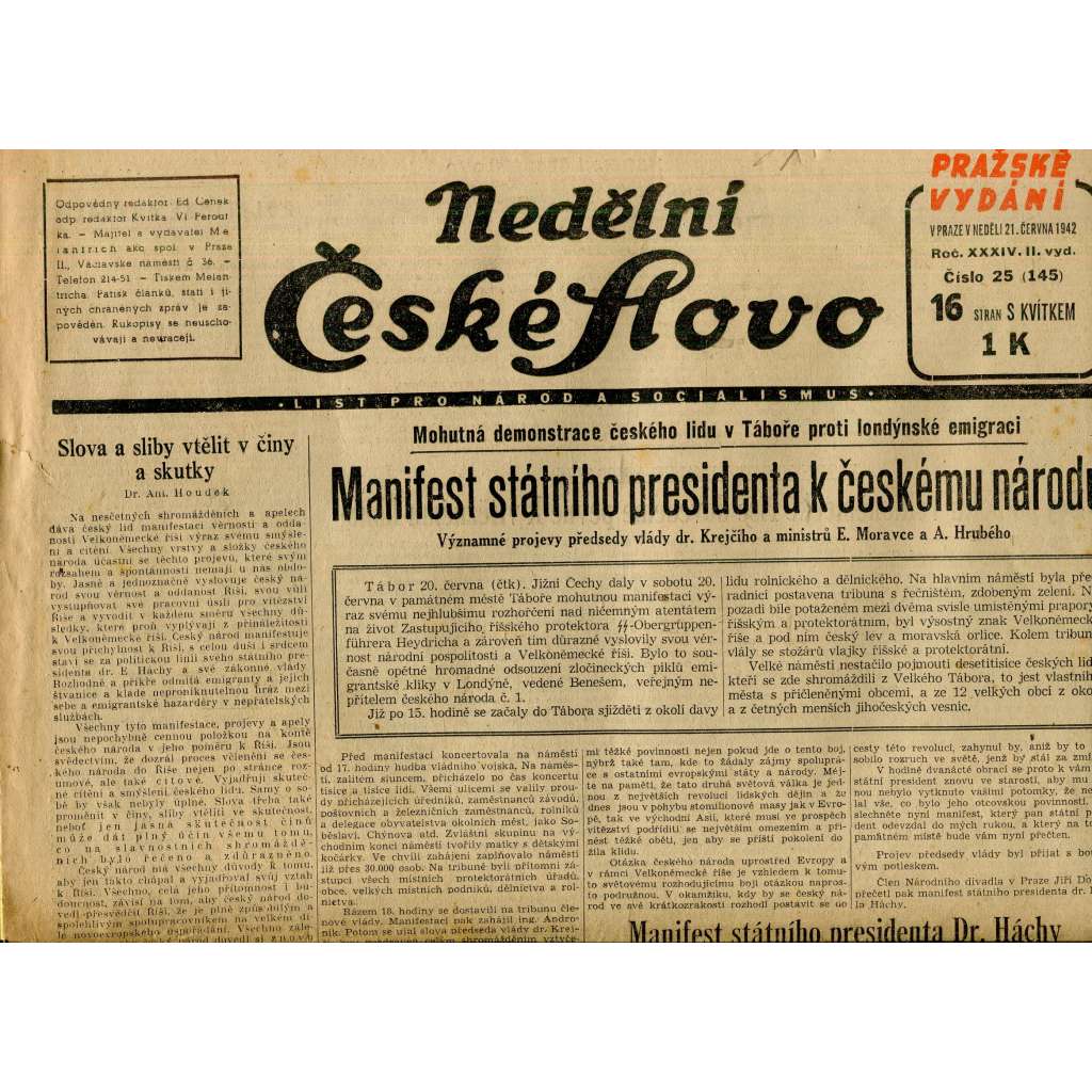 Nedělní České slovo, ročník XXXIV., číslo 25/1942 (staré noviny)